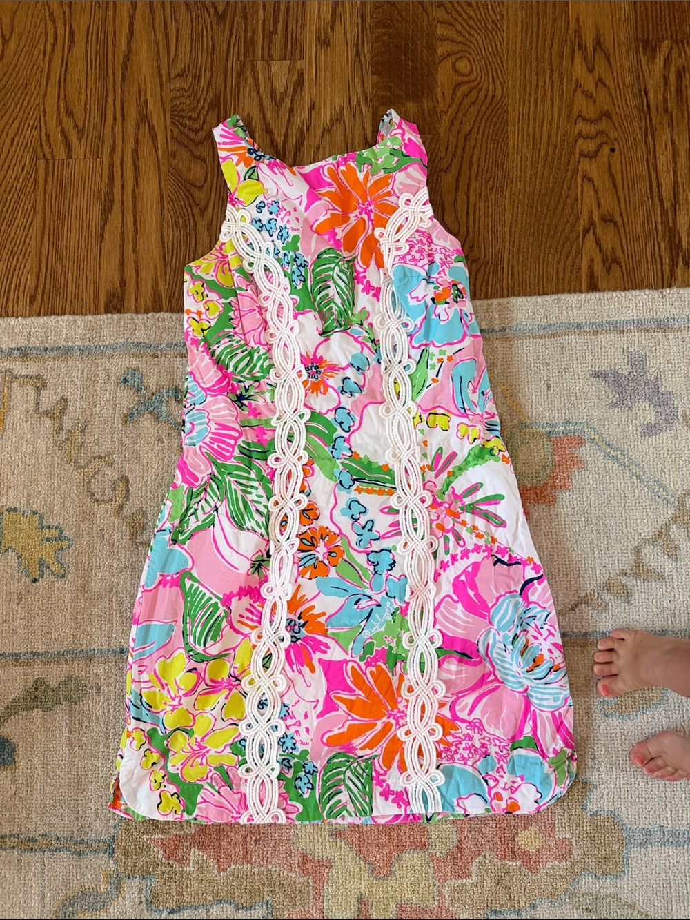 Lilly Pulitzer Pink Tropical Floral Shift Dress with White Lace Trim
